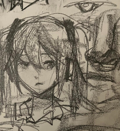 abstract graphite drawing of hatsune miku and a face in the background (2024)