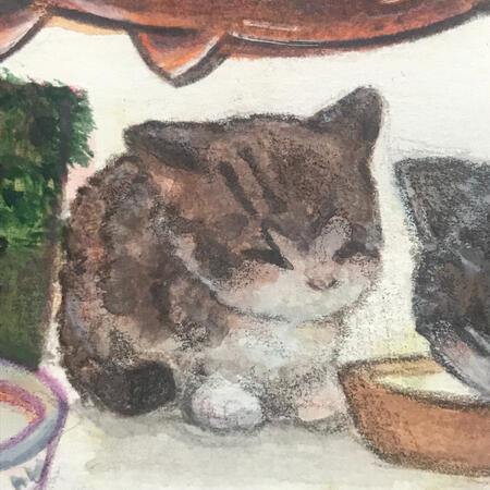 gouache painting of a kitten curled up (2023)