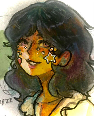 inked portrait of an oc using gouache and colored pencil (2022)