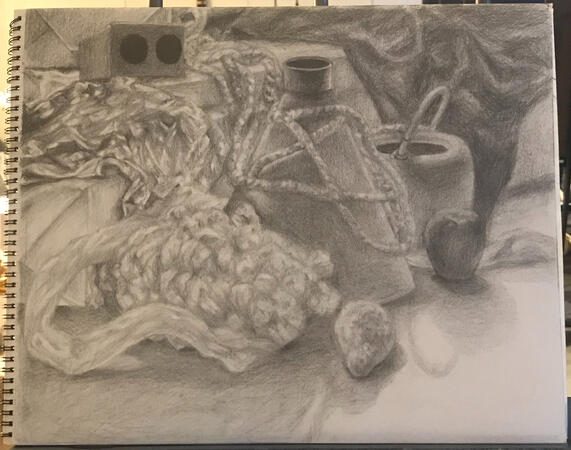 traditional still life sighting study, drawn with graphite pencils. (done for class, 2024)
